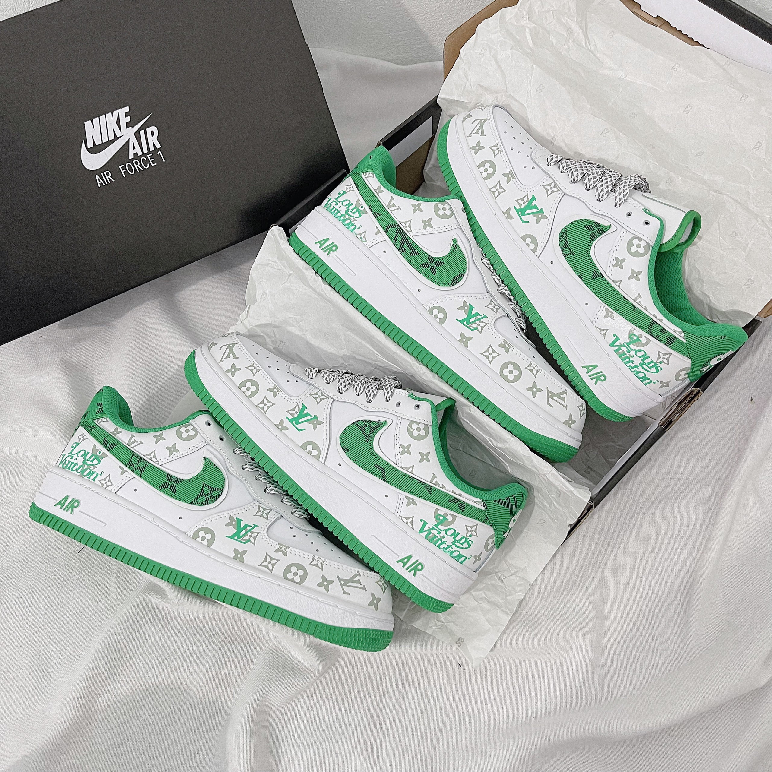 Giày Nike Air Force 1 07 Louis Vuitton Green White Grey