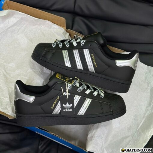 Giày Adidas Superstar Sò Đen Tem Vàng Gót Bạc Fullbox
