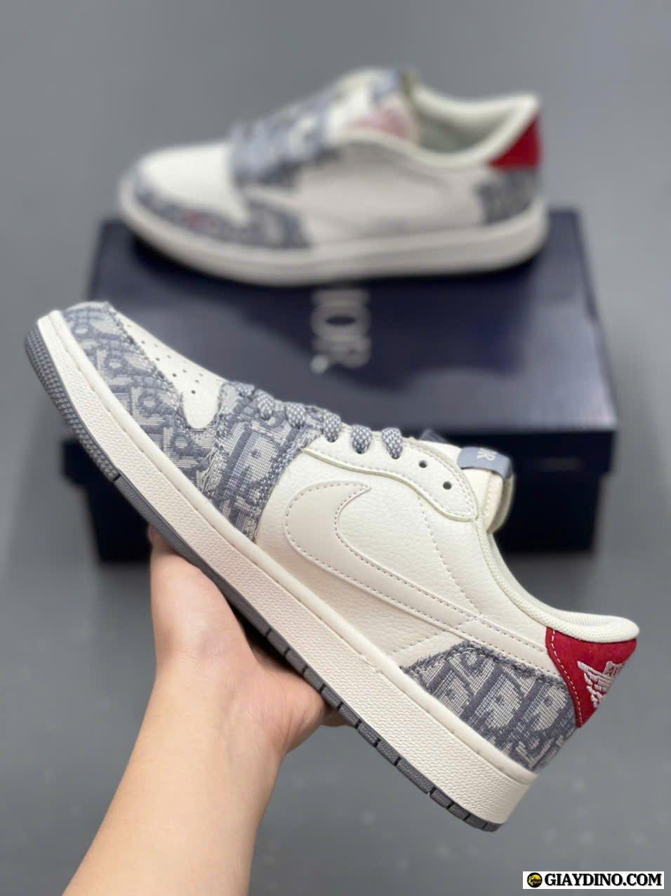 Giày Jordan 1 Cổ Thấp Travis Scott Dior Xám Trắng Gót Đỏ Giày Jordan 1 Cổ Thấp Travis Scott Dior Xám Trắng Gót Đỏ