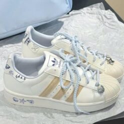 Giay Adidas Superstar II Pearl White Blue Brown Giày Adidas Superstar II Pearl White Blue Brown