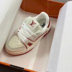 Giay Co Thap Louis Vuitton LV Trainer 54 Red White Da Dap Noi Monogram Giày Cổ Thấp Louis Vuitton LV Trainer 54 Red White Da Dập Nổi Monogram